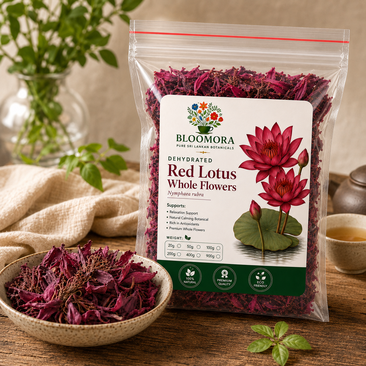 Bloomora Organic Red Lotus Flower Tea packaging
